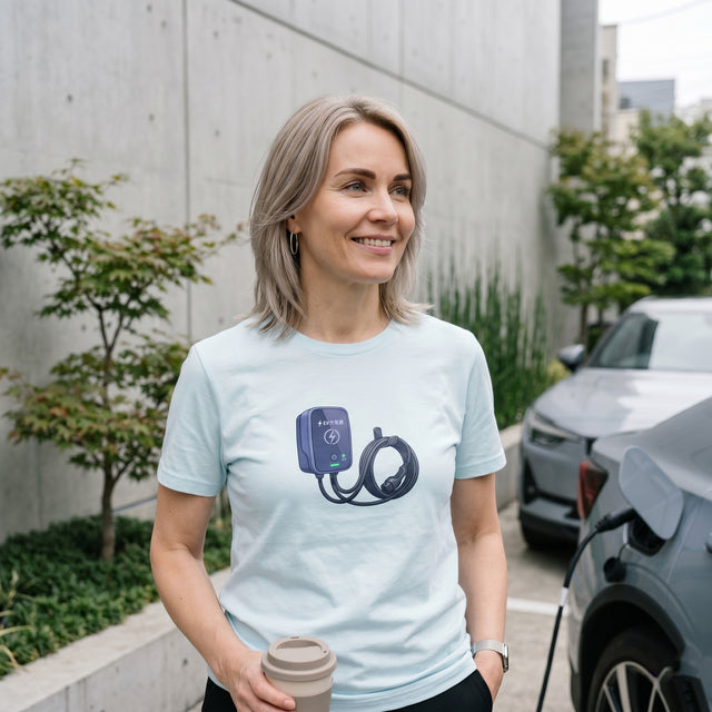 Woman wearing a light blue t-shirt with a logo, standing outdoors near parked cars.