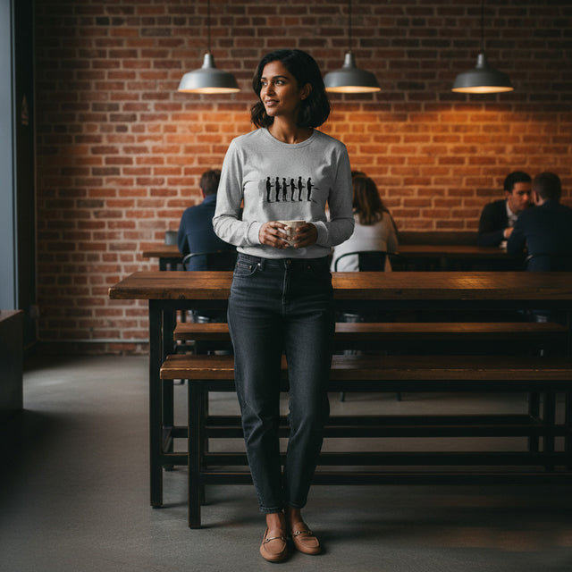 Woman standing in a casual setting with wooden tables and brick wall.