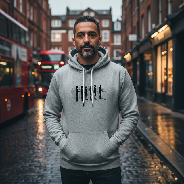 Man wearing a gray hoodie with a graphic design on a city street with red buses.