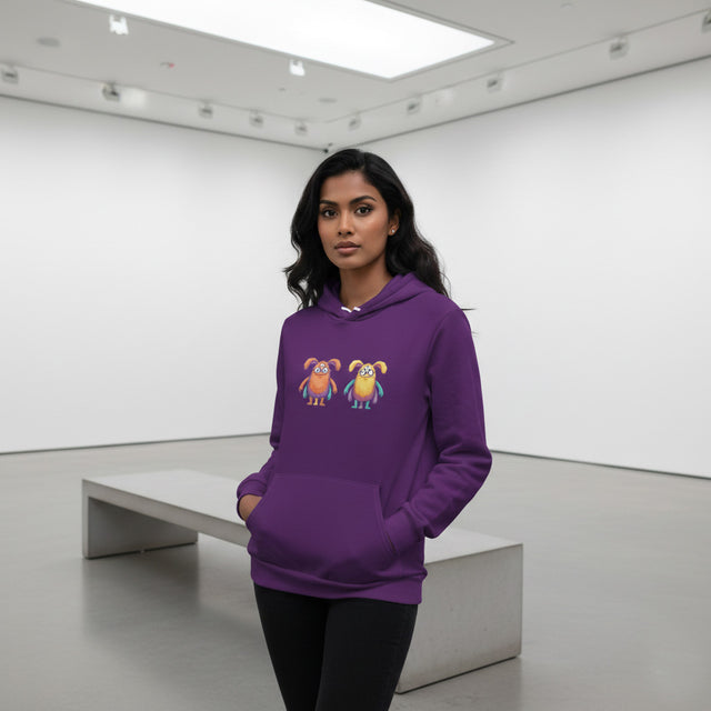 Woman wearing a purple hoodie with cartoon characters in a minimalistic setting
