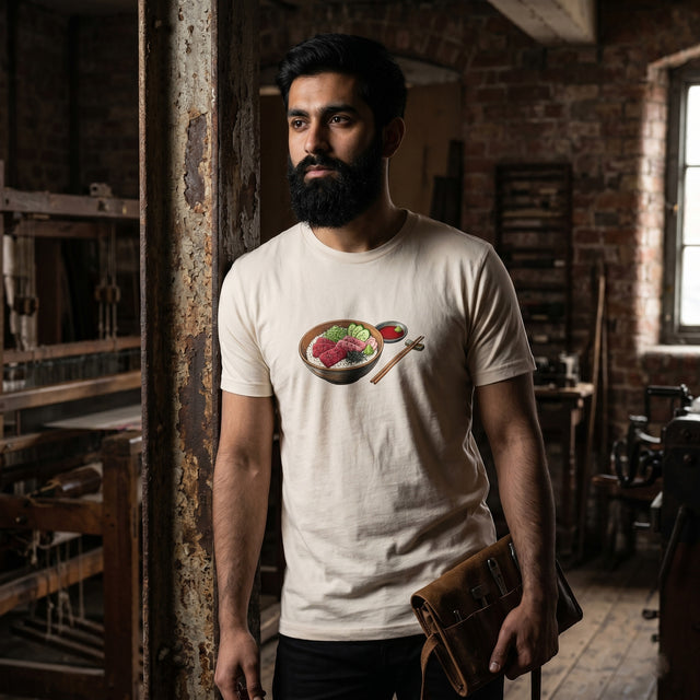 Man wearing a white t-shirt with a graphic design in a rustic indoor setting