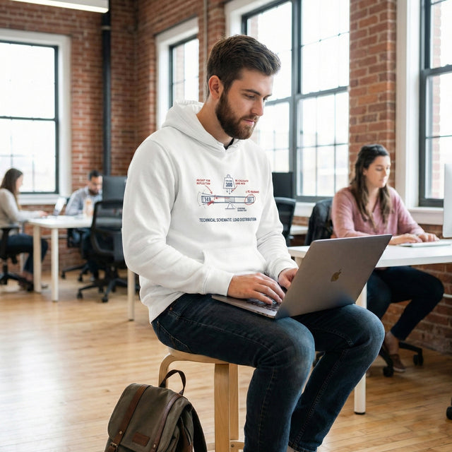 Man in a white hoodie using a laptop in a modern office setting