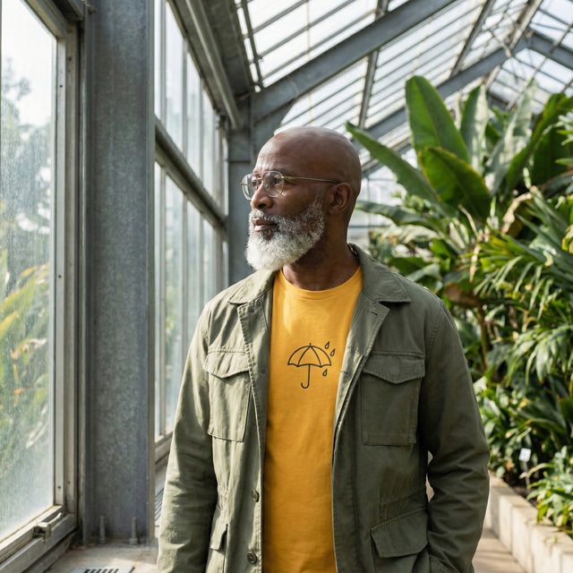 Mustard yellow unisex t-shirt featuring minimalist black line art of an umbrella with raindrops, modeled in a modern glass botanical greenhouse.