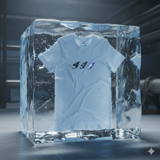 Blue tshirt inside of a large ice block