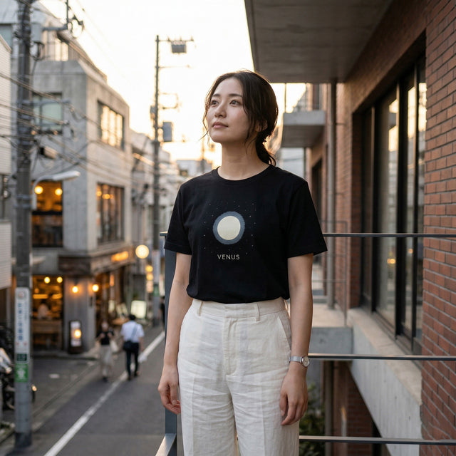 グラフィック柄の黒いTシャツを着た女性が、街路に立っている。