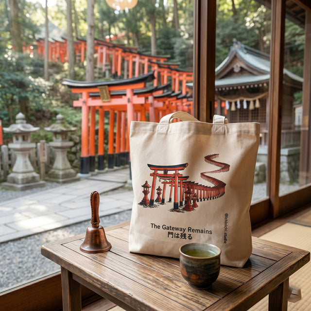 Tote bag with a design of a Japanese temple gate on a wooden table in front of a traditional building.