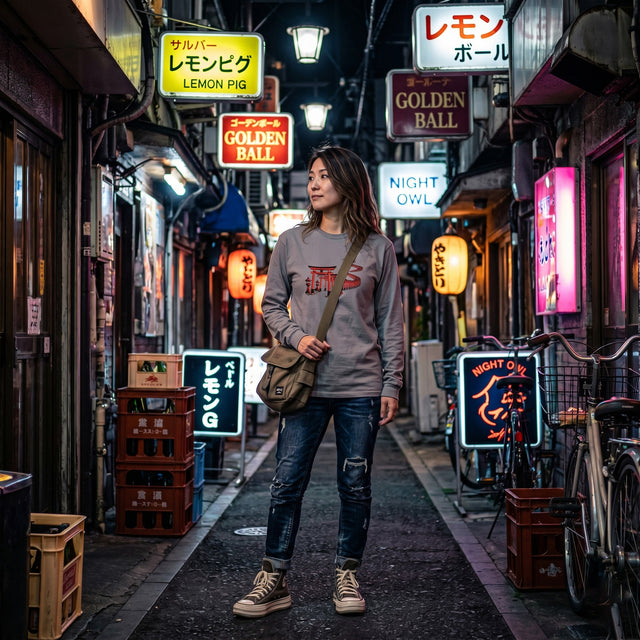 Woman walking through a neon-lit alleyway with various signs in a city street setting.