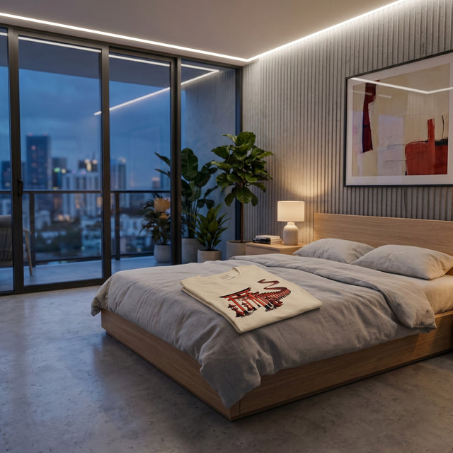 Modern bedroom with cityscape view, bed, and decor elements.