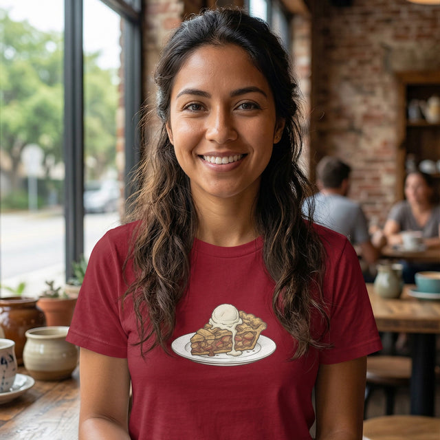 Woman wearing a red t-shirt with a pie design in a casual setting