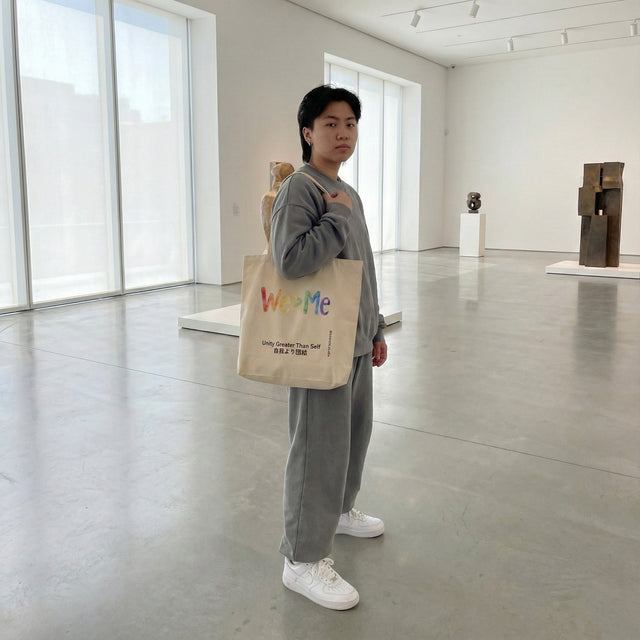 Eco tote bag in oyster beige featuring rainbow watercolor 'We > Me' typography and Japanese text '自我より団結', styled in a modern art gallery setting.