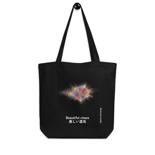 Eco tote bag with a graphic design of a multi-colored pigment and smoke explosion.