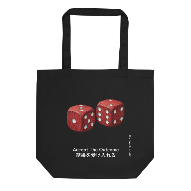 Red Dice eco tote bag featuring a high-contrast stippled illustration of two wooden dice.