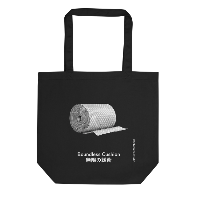 A high-contrast stippling illustration showing the repetitive cylindrical forms of a bubble wrap roll on an Eco Tote Bag.