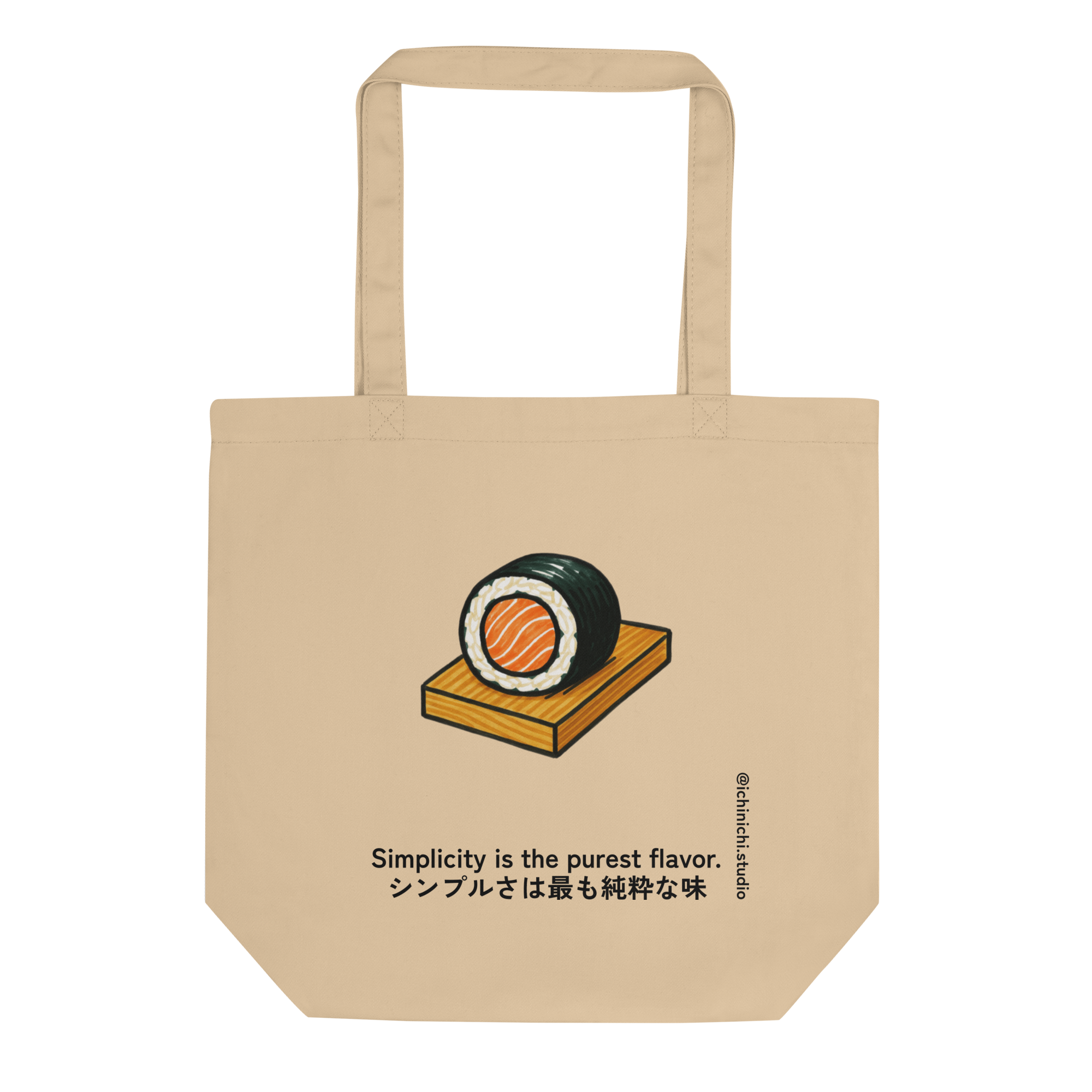 Minimalist Japanese sushi roll illustration with salmon, rice, and seaweed, modern eco Tote Bag design.