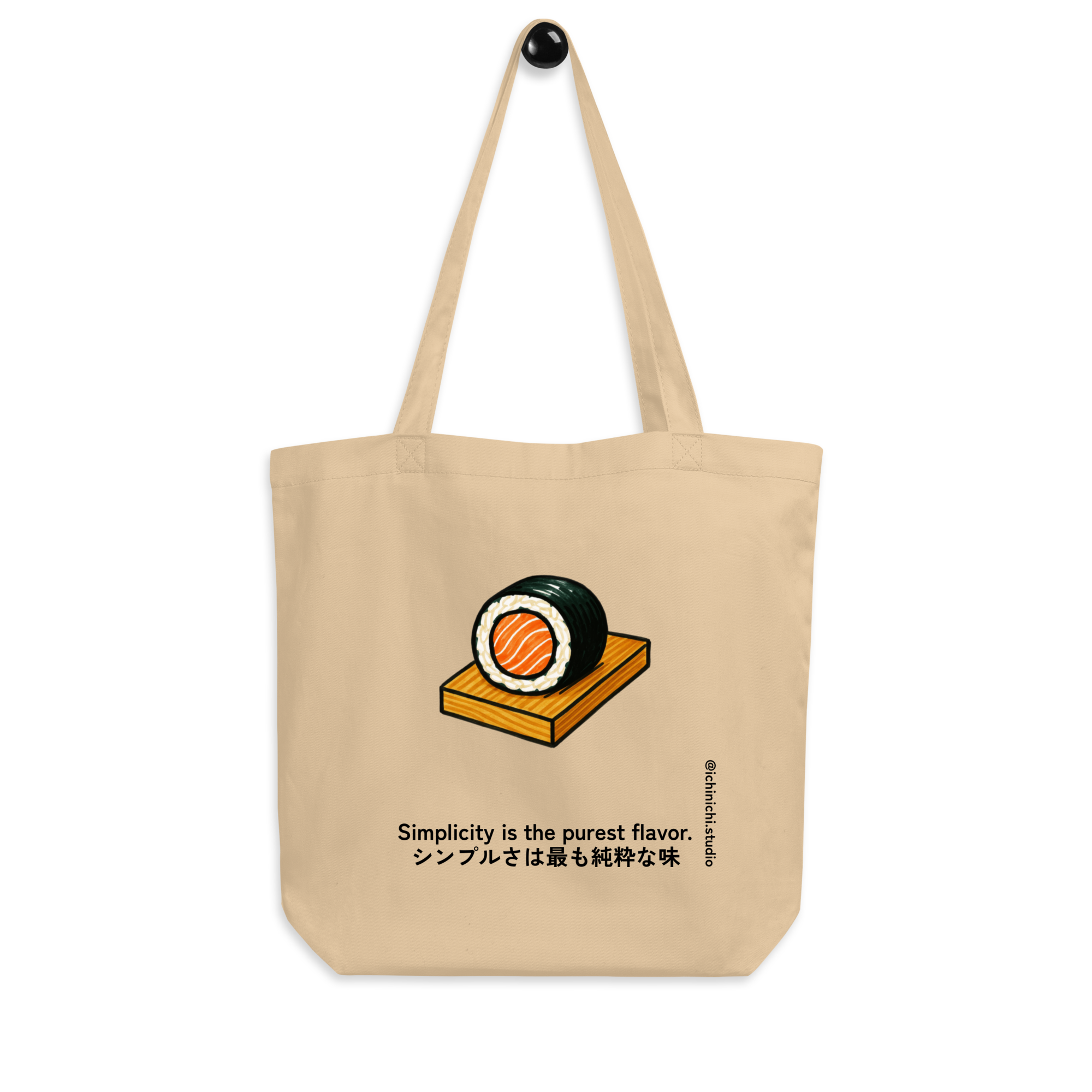 Minimalist Japanese sushi roll illustration with salmon, rice, and seaweed, modern eco Tote Bag design.