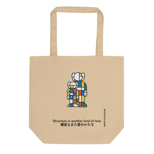 Two geometric Mondrian-style figures in red, blue, yellow, and white blocks with black outlines, minimalist connection Tote Bag design.