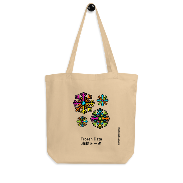 Eco Tote Bag featuring a colorful 8-bit pixel art snowflake design inspired by retro arcade games.