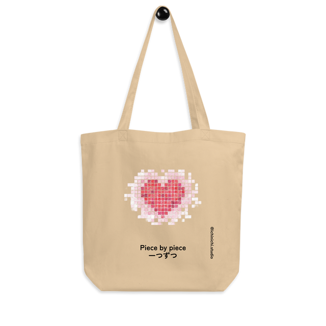 Eco Tote Bag featuring a hand-drawn mosaic tile heart in red and pink.