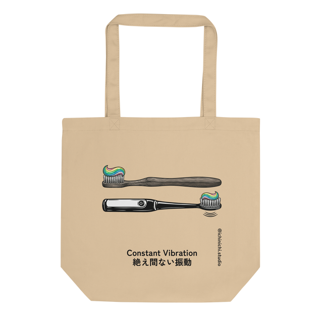 Eco-friendly tote bag featuring a minimalist graphic of toothbrush evolution in black and white.