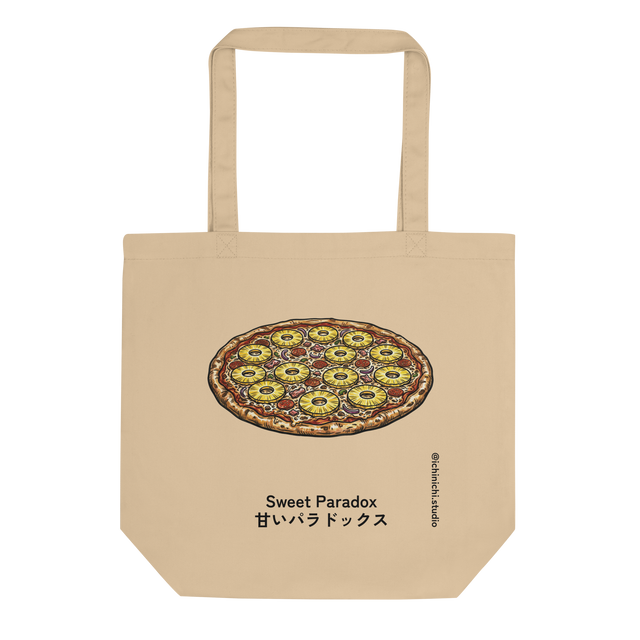 Minimalist marker illustration of a bird's eye view pizza with pineapple rings on an Eco Tote Bag.