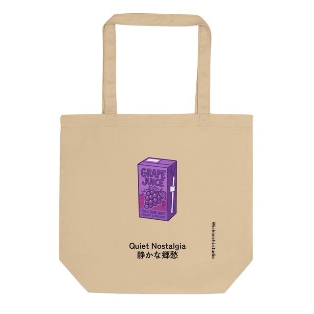 Marker illustration of a purple grape juice carton on a tote bag.