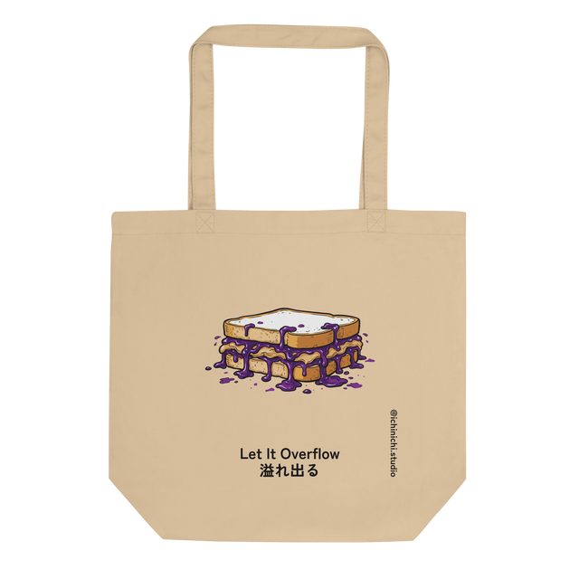 Tote Bag featuring a full color marker illustration of a peanut butter and jelly sandwich with overflowing grape jelly.