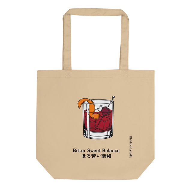 A clean line marker illustration of a classic Negroni cocktail with an orange peel and cherry on a heavy-bottomed rocks glass canvas tote bag.