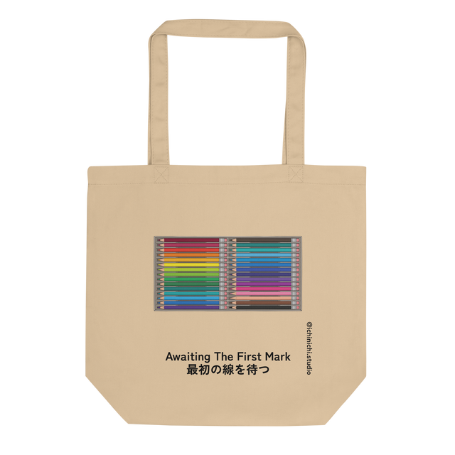 Eco Tote Bag showing a hand-drawn illustration of 24 sharp, unused colored pencils arranged horizontally in a box from a top-down view.