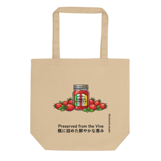 Bold marker illustration of a glass tomato sauce jar with a colorful label and fresh Roma tomatoes printed on an Eco Tote Bag.