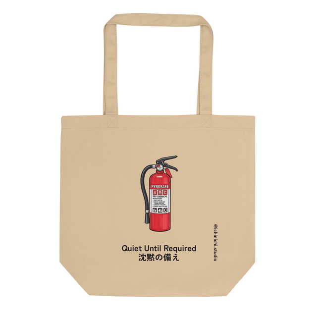 A bright red fire extinguisher drawn with bold black marker lines, printed on an eco tote bag.