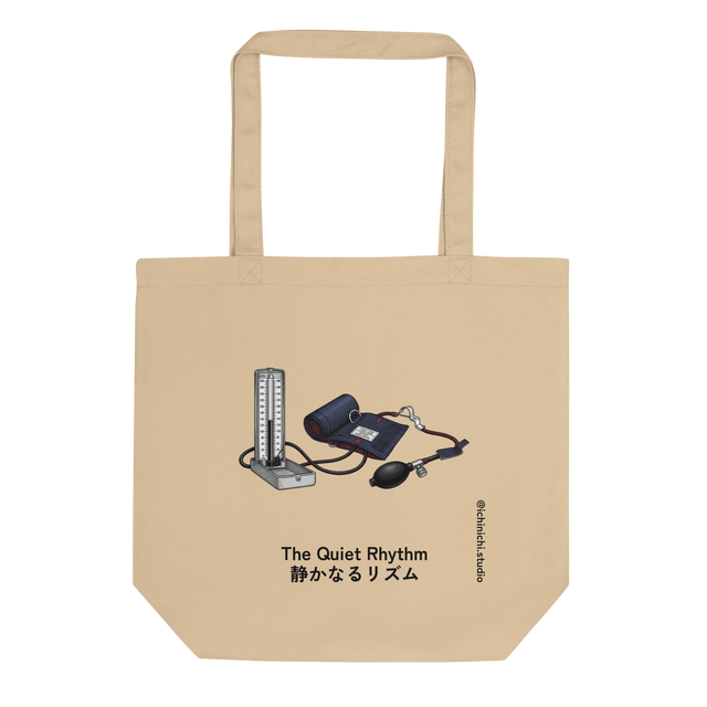 Eco Tote Bag displaying a high-contrast ink drawing of a manual blood pressure monitor, focusing on the fabric cuff and rubber inflation bulb.