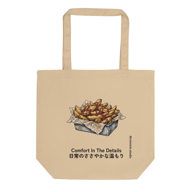 Eco Tote Bag featuring a cross-hatch ink illustration of thick steak fries with ketchup in a metal tin.