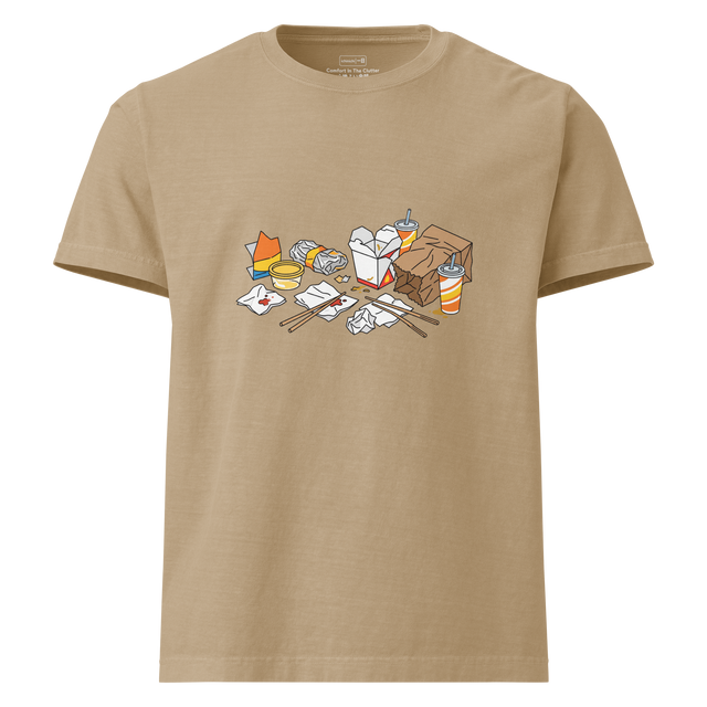 Oversized T-Shirt displaying a bright line art graphic of resting chopsticks, crumpled paper bags, and discarded takeout containers.