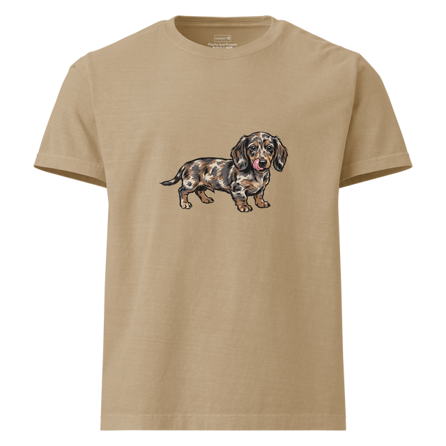 Oversized T-Shirt featuring a brush pen illustration of a dapple Dachshund puppy with its tongue out.
