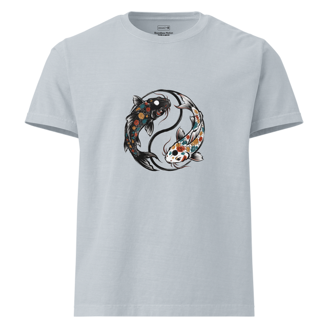 Over-proportioned brush pen koi fish artwork on an Oversized T-Shirt.