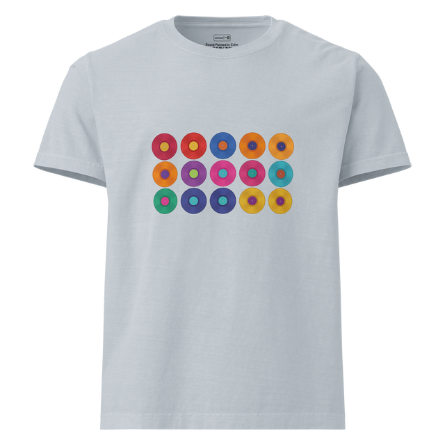Fifteen colorful vinyl records with contrasting center labels in a 5x3 grid painted with brush strokes on an Oversized T-Shirt.