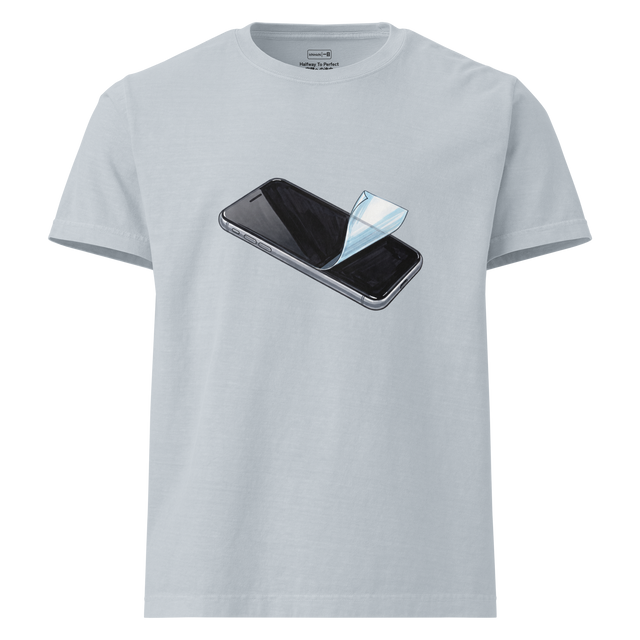 Oversized T-Shirt showing a vivid marker drawing of a black smartphone with its protective film curled halfway back from the glass.