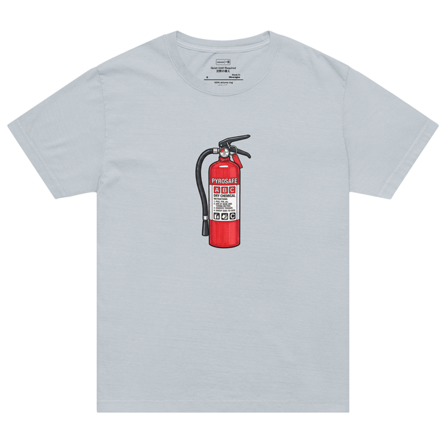 A bright red fire extinguisher drawn with bold black marker lines, printed on an oversized T-shirt.