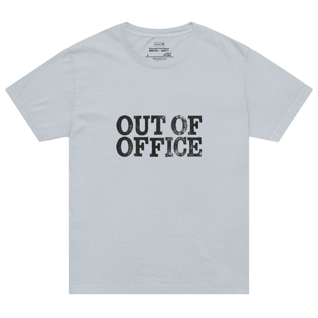 Oversized T-Shirt displaying "Out of Office" in an analog, imperfectly inked vintage typewriter font.