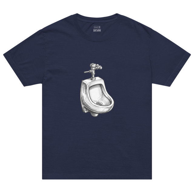Black and silver marker illustration of a porcelain urinal on an Oversized T-Shirt.