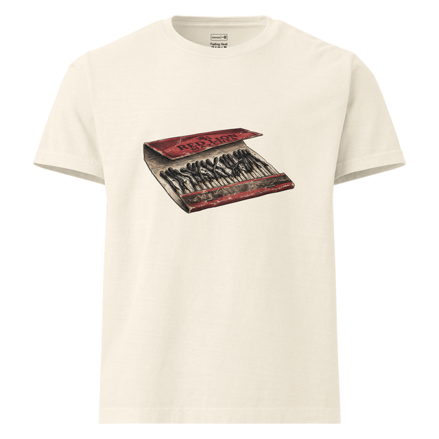 Detailed cross-hatch ink illustration of an open paper matchbook with charred paper matches printed on an Oversized T-Shirt.