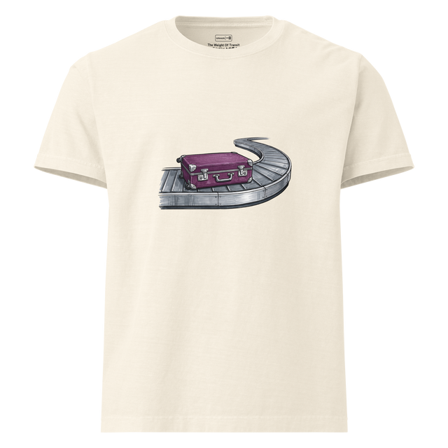 Solitary Arrival graphic of a deep purple suitcase on a carousel, Oversized T-Shirt