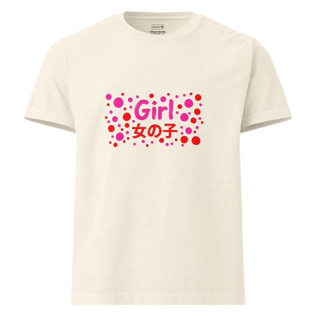 Oversized T-Shirt featuring stacked English and Japanese text surrounded by bright pink and red polka dots.