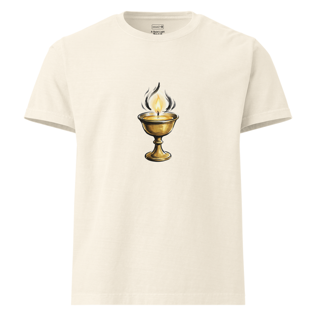 Minimalist ink wash illustration of a glowing Buddhist butter lamp in gold and yellow on an oversized t-shirt