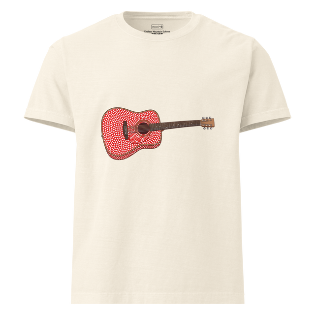 Clean brush stroke illustration of an acoustic guitar covered in avant-garde red and white dots on an Oversized T-Shirt.