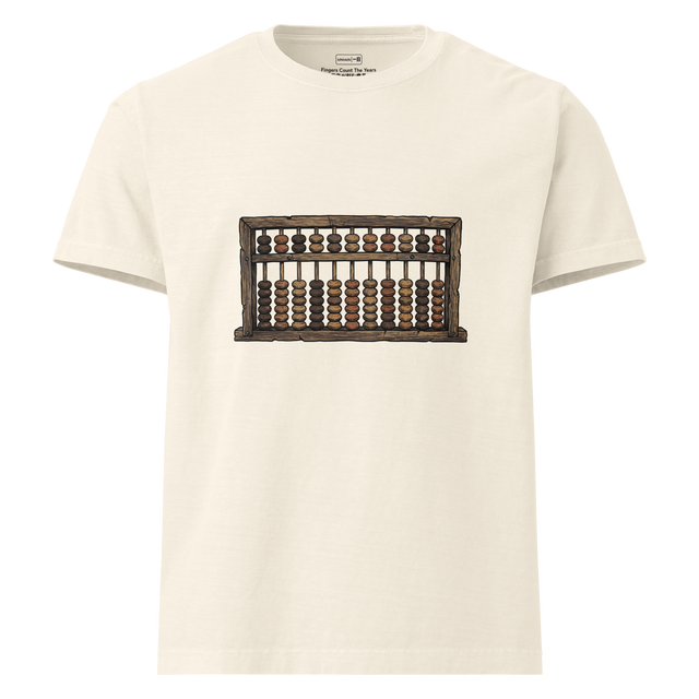 Woodcut illustration of an old wooden abacus with round beads on an Oversized T-Shirt.