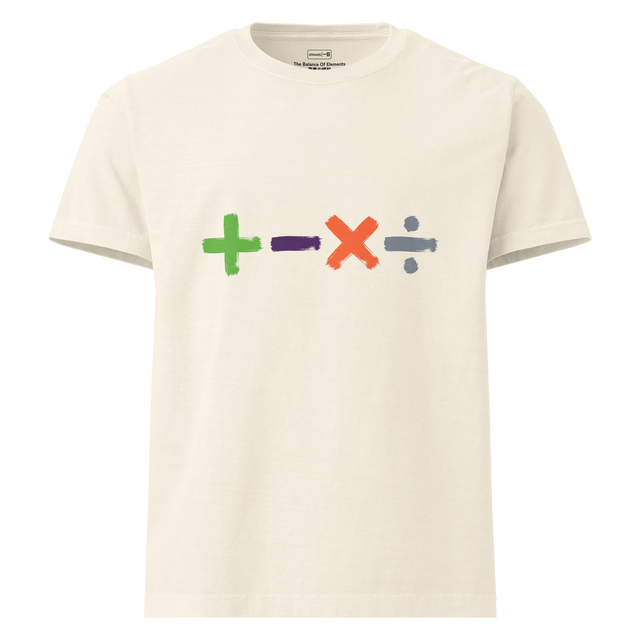Oversized T-Shirt featuring a horizontal line of basic math symbols painted in bold, textured brush strokes.