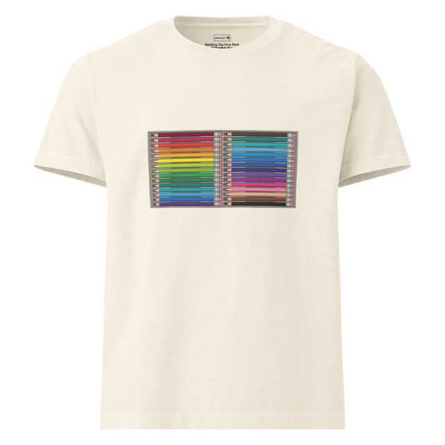 Oversized T-Shirt showing a top-down illustration of an open box filled with 24 sharp, identically sized colored pencils.
