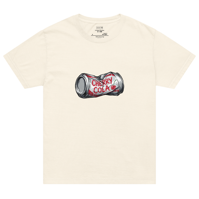 Heavy marker illustration of a crushed silver soda can with red cherry cola lettering on an oversized t-shirt.