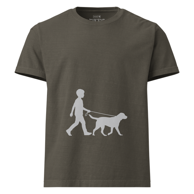 Minimal, detail-free light grey silhouette of a boy and his dog walking, featured on an Oversized T-Shirt.